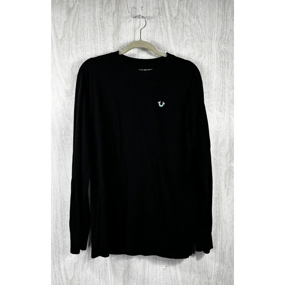 True Religion Mens XL Black Long Sleeve Tee Logo Back Print Y2K